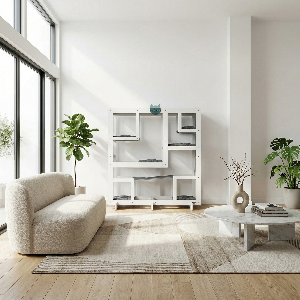 Modern living room with a white sofa, coffee table, and bookshelf.