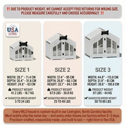 Three sizes of a pet house with dimensions and weight information.