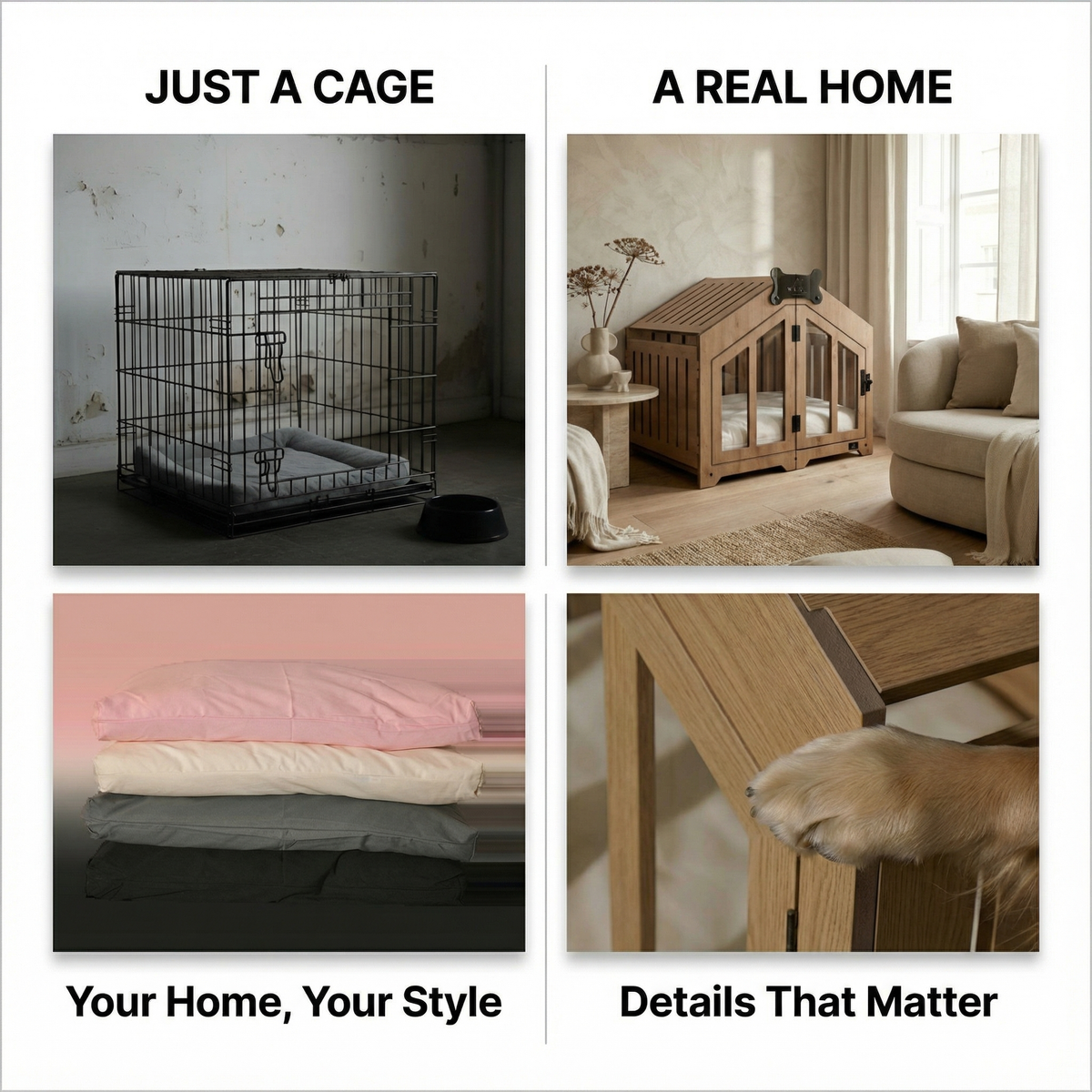 Comparison of a dog crate labeled 'Just a Cage' and a dog house labeled 'A Real Home' with homey elements.