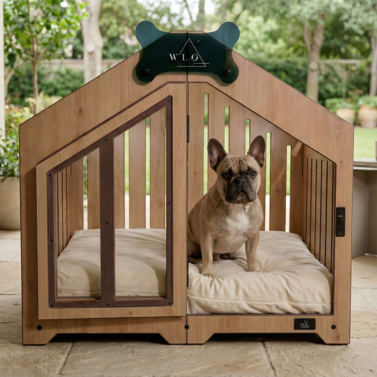 Dog sitting inside a wooden pet crate with 'W.L.' branding outdoors.